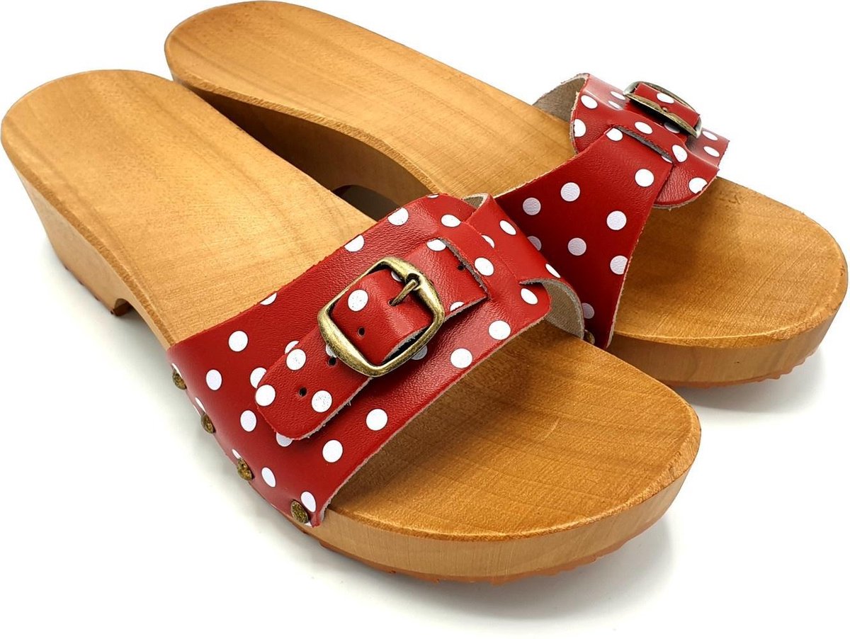 DINA muiltjes rood met witte stip leren sandalen voor dames