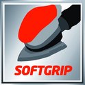Illustratie van een rode en grijze schuurmachine met de tekst "SOFTGRIP".