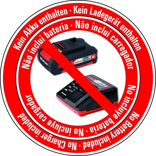 Rode cirkel met witte tekst 'No battery and charger included' en een doorstreept accupack en lader.