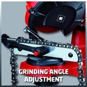 Close-up van een rode kettingzaagslijper met tekst 'GRINDING ANGLE ADJUSTMENT'.