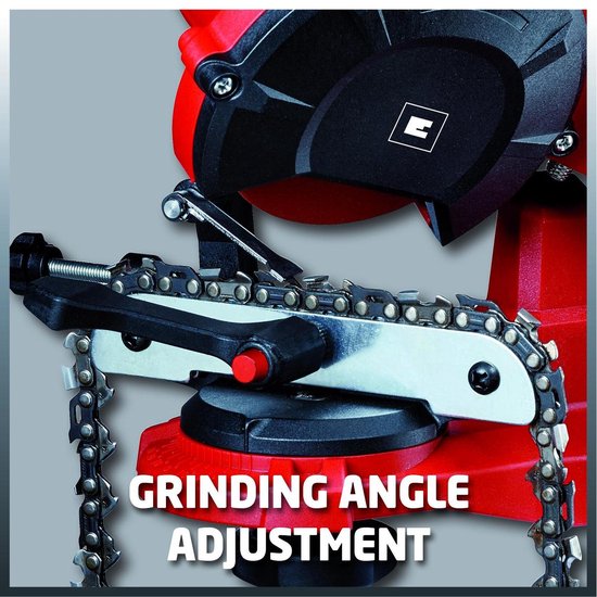 Close-up van een rode kettingzaagslijper met tekst 'GRINDING ANGLE ADJUSTMENT'.