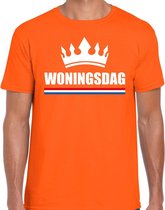 Koningsdag t-shirt Woningsdag met witte kroon oranje voor heren - Woningsdag - thuisblijvers / Kingsday thuis vieren S