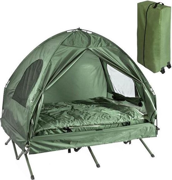 vis Uitbeelding maaien Simpletrade Tent - Veldbed - 2 slaapzakken - 2 kussens - Voetluchtpomp -  193x145x188 cm | bol.com