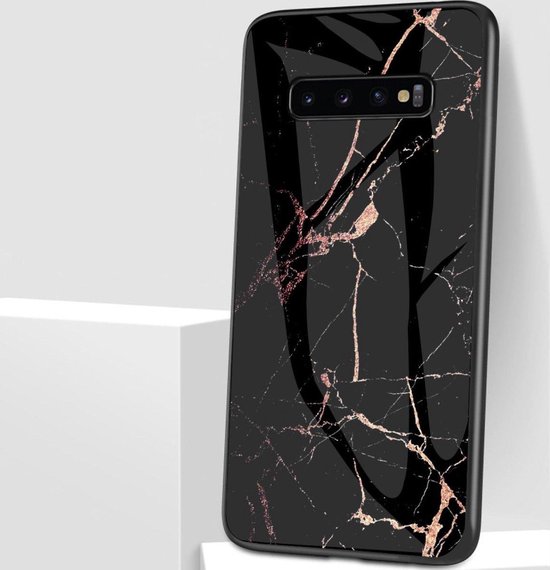Coque Samsung Galaxy S10 Luxe Marble - Zwart - Goud - TPU + Glas Trempé