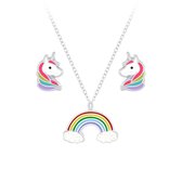 Joy|S - Zilveren eenhoorn oorbellen en regenboog hanger met ketting set