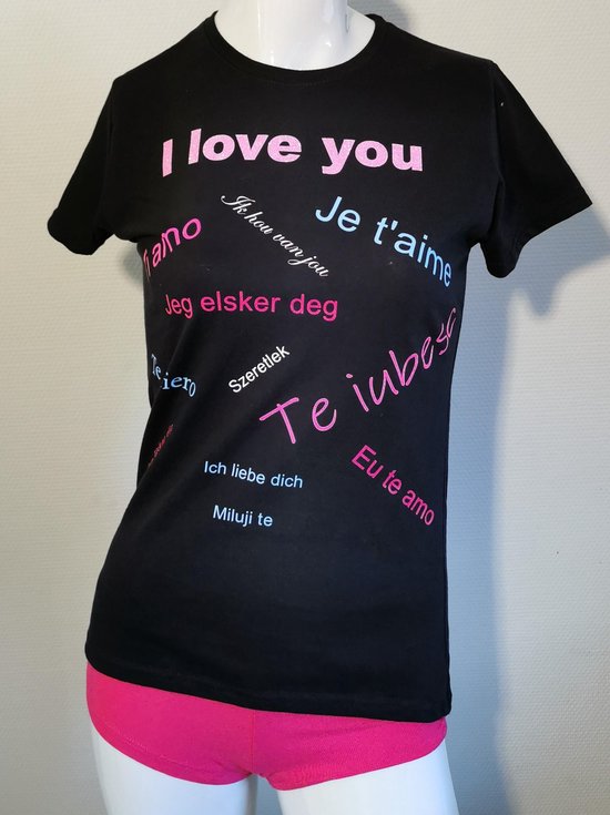 Dames T-shirt Zwart I love you M