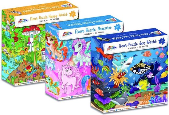 Set van 3 puzzels met 96 stukjes | Unicorn, Sea world, Happy world | 35 x  48 cm |... | bol.com