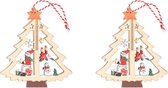 2x Kerstboomdecoratie houten kerstbomen met sneeuwpop 10 cm - kerstboomversiering - kerstdecoratie