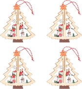 4x Kerstboomdecoratie houten kerstbomen met sneeuwpop 10 cm - kerstboomversiering - kerstdecoratie