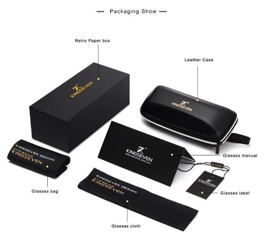 KINGSEVEN verpakking: zwarte retro papierdoos, lederen etui, brillenhoes, brillendoek, brillenlabel.