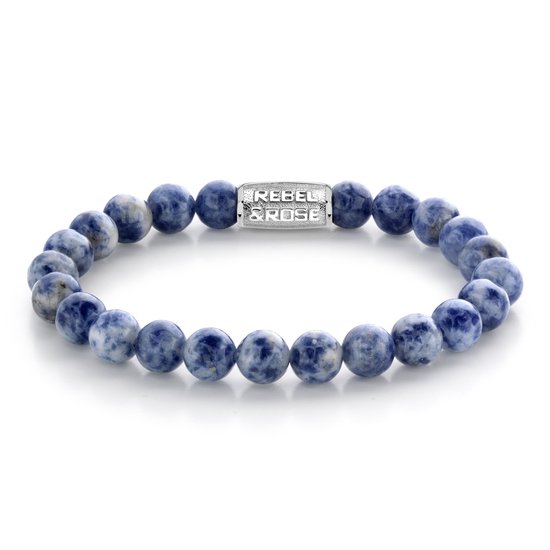 Blauw-witte kralenarmband 'Rebel & Rose' met zilverkleurig sluitstuk.