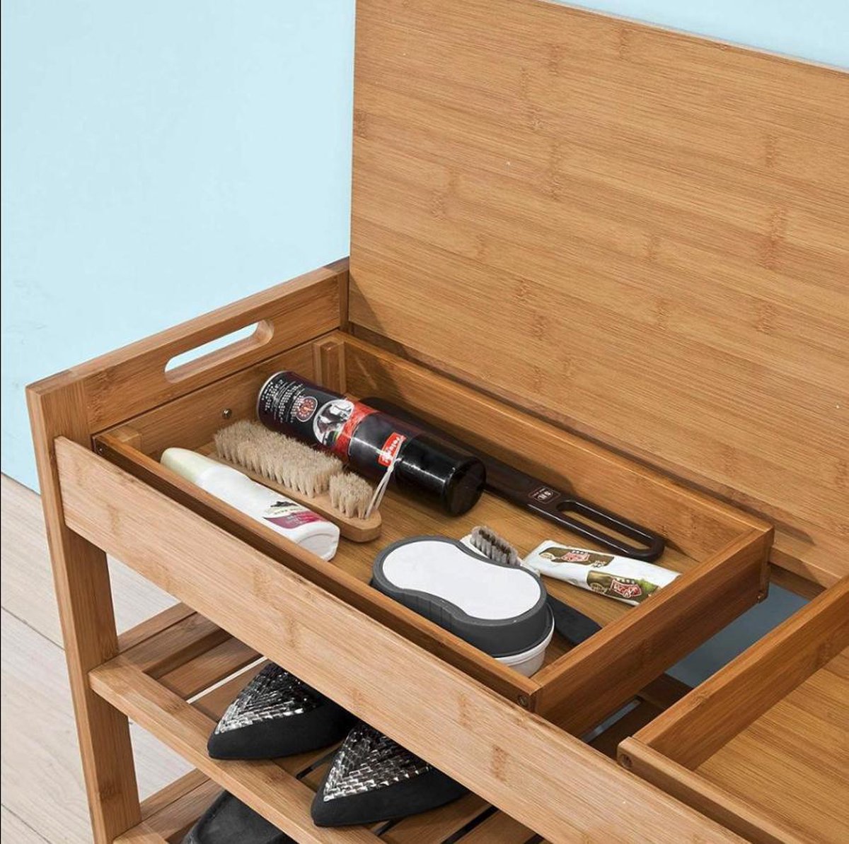 HAINEW Rotan schoenenkast met 2 deuren en verstelbare plank, schoenenbank schoenenrek voor entree, hal, woonkamer, walnootkleur, 104 x 40 x 48 cm, retro design