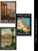Fotowand Vintage Reisposter - Frankrijk, Chicago & Rome - Poster Set van 3 -  50x70 cm - exclusief lijst