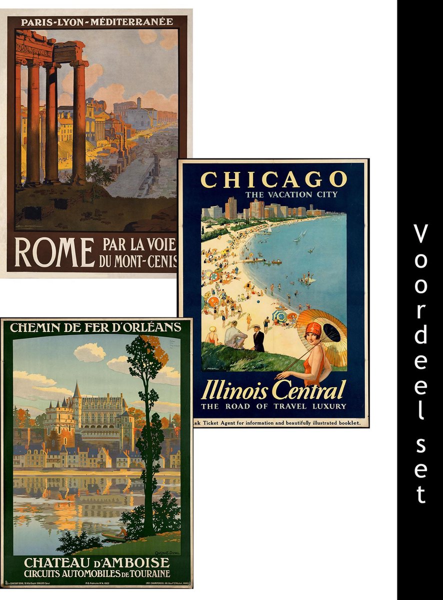 Esque Fotowand Vintage Reisposter - Frankrijk, Chicago & Rome - Poster Set van 3 - 50x70 cm - exclusief lijst Multi