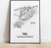 Tiel city poster, A4 zonder lijst, plattegrond poster, woonplaatsposter, woonposter