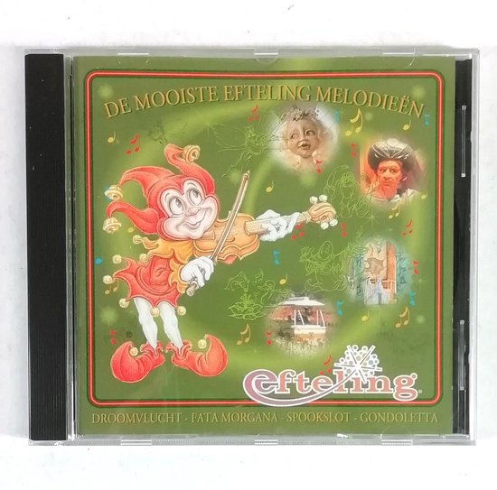 CD-hoes met de Efteling-mascotte die viool speelt, omringd door muzieknoten en beelden van attracties.