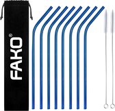 Fako Bijoux® - RVS Rietjes - 8 Stuks - Gebogen - Herbruikbaar - 21 cm - 2 Schoonmaakborsteltjes - Blauw