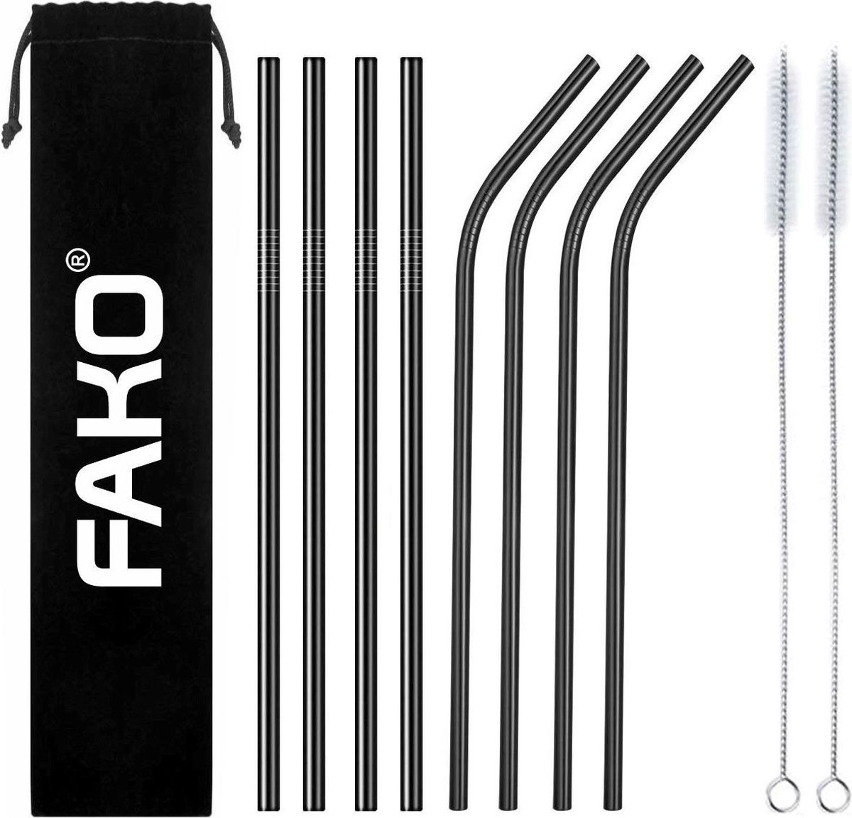 Fako Bijoux - RVS Rietjes - 8 Stuks - Recht & Gebogen - Herbruikbaar - 21 cm - 2 Schoonmaakborsteltjes - Zwart