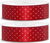 2x Hobby/decoratie rode satijnen sierlinten met stippen 2,5 cm/25 mm x 25 meter - Cadeaulinten satijnlinten/ribbons - Rode linten met stippen - Hobbymateriaal benodigdheden - Verpakkingsmaterialen