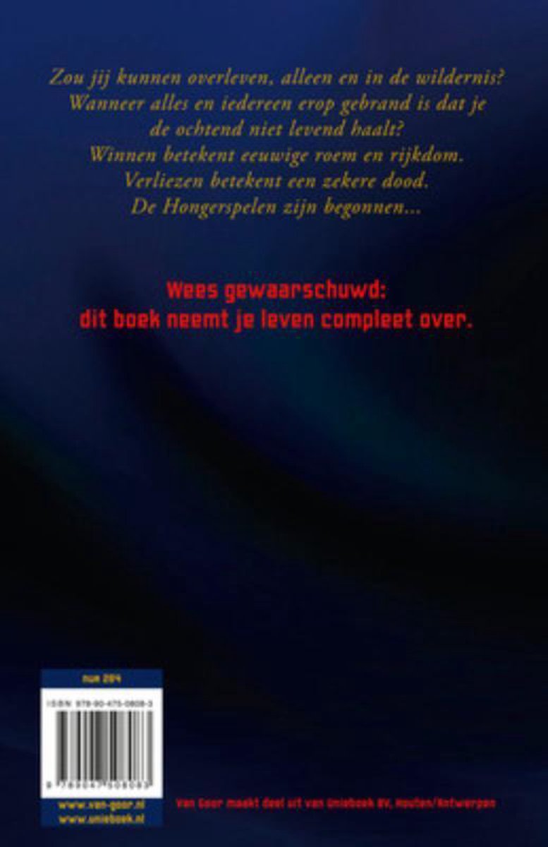 Achterflap van De Hongerspelen met tekst en ISBN.