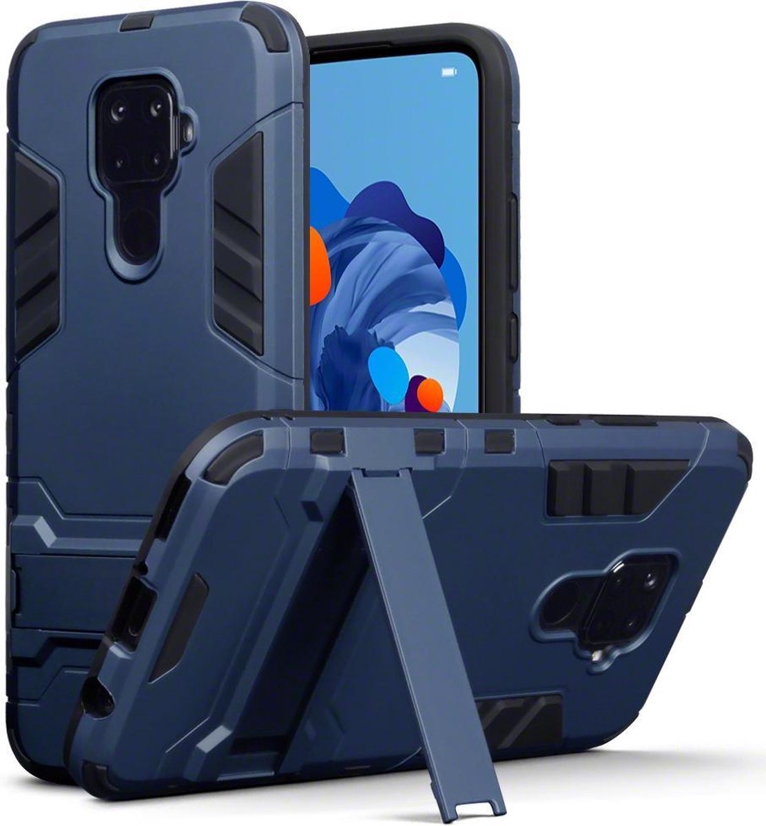 Qubits - Double Armor Layer hoes met stand - Huawei Mate 30 Lite - Blauw