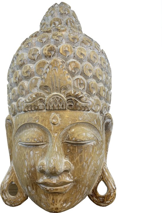 Boeddha | Boeddha beeld | Boeddha hoofd hout | whitewash 52 x 27 bol.com