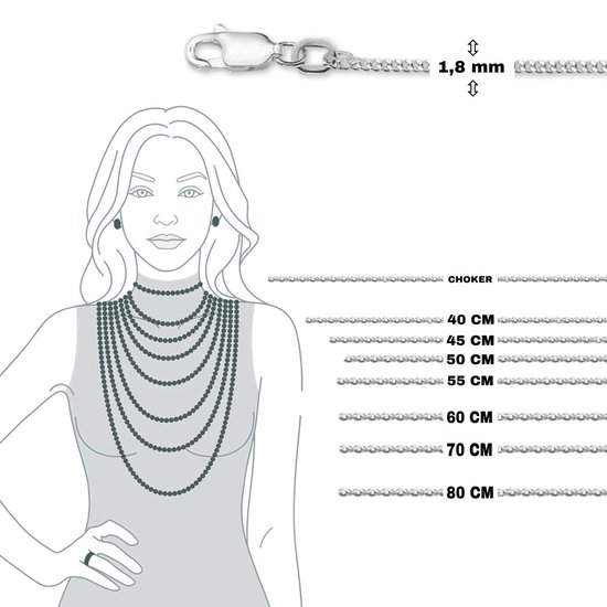 Ketting Dames - 1,8mm - 50cm - Zilver -Gourmet - Heren - Karabijn sluiting - Poli - Sieraden Vrouw - Zilver 925 - Gerhodineerd