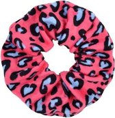 Zachte scrunchie/haarwokkel met luipaard/panter print, zalm roze/blauw