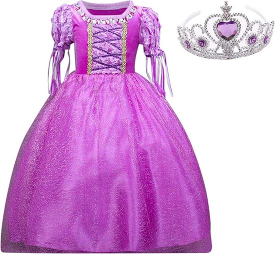 Sprookjesjurk  Raponsje Prinsessen jurk verkleedjurk Deluxe 134 -140 (140) paars + kroon verkleedkleding