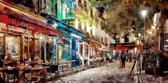 JJ-Art (Canvas) | Parijs, terras, café, restaurant in de avond in olieverf look - woonkamer | abstract, sfeer, modern | Foto-Schilderij print op Canvas (canvas wanddecoratie) | KIES JE MAAT