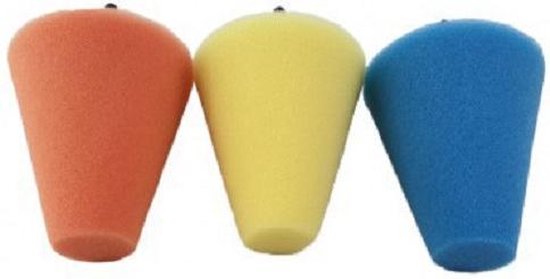 Drie polijstcones in oranje, geel en blauw.