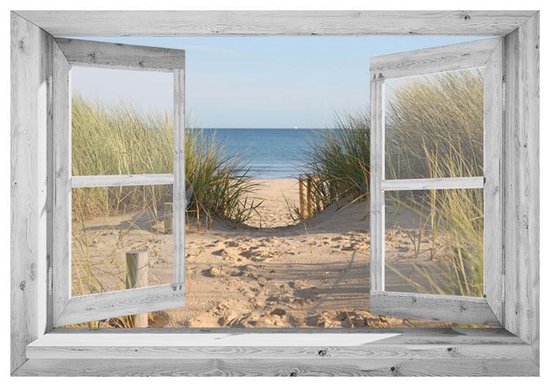 Omleiden Tonen oase Buitencanvas op houten frame gespannen - 75x100x2 cm - Wit venster met  Duinovergang -... | bol.com