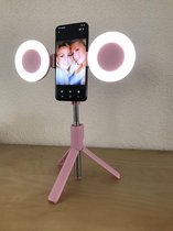 Selfie Ring Light - Ringlamp - Bluetooth Selfie Stick tot 66cm uitschuifbaar met dubbel Ring Light - Statief met dubbel led ring light - afstandbediening - roze