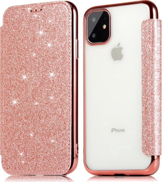 Apple iPhone 11 Flip Case - Roze - Glitter - PU leer - Soft TPU - Folio |  bol
