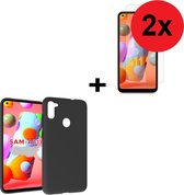 Samsung Galaxy A11 hoes TPU Siliconen Case hoesje Zwart + 2x Screenprotector Tempered Gehard Glas (2 stuks) Pearlycase