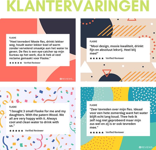 Een collage van vier klantbeoordelingen voor Fleske drinkflessen met positieve tekst en sterren.