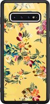 Samsung S10 hoesje glass - Bloemen geel flowers | Samsung Galaxy S10 case | Hardcase backcover zwart