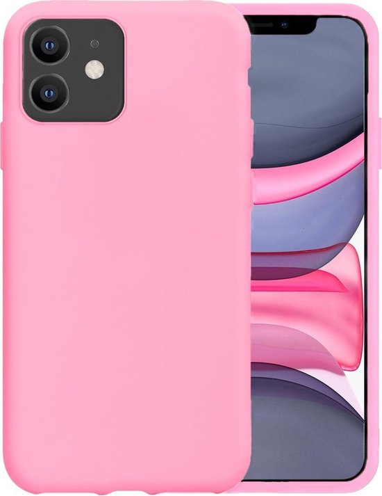 Étui en silicone rose clair autour d'un iPhone 11.