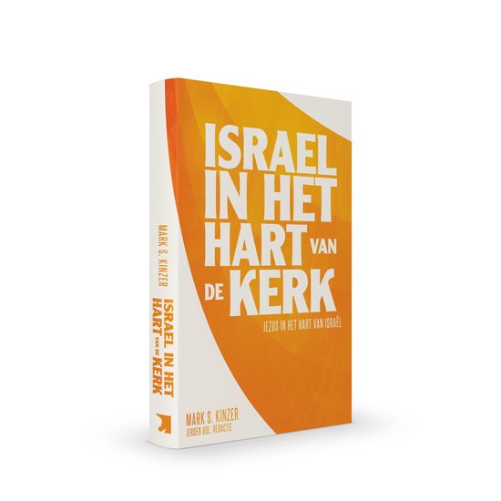 Een boek met de titel 'ISRAEL IN HET HART VAN DE KERK' in grote witte letters op een oranje achtergrond, liggend op een witte ondergrond.