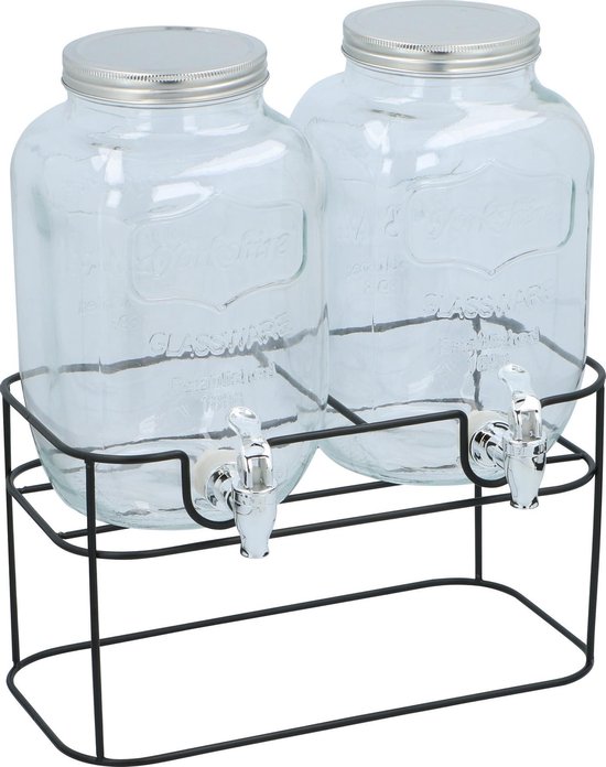 Glazen drankdispenser met twee lege reservoirs, elk met zilverkleurig deksel en kraantje. Inclusief zwarte metalen standaard.