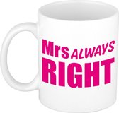 Mrs Always Right cadeau koffiemok / theebeker wit met roze blokletters - 300 ml - keramiek - fun tekst beker / cadeaumok