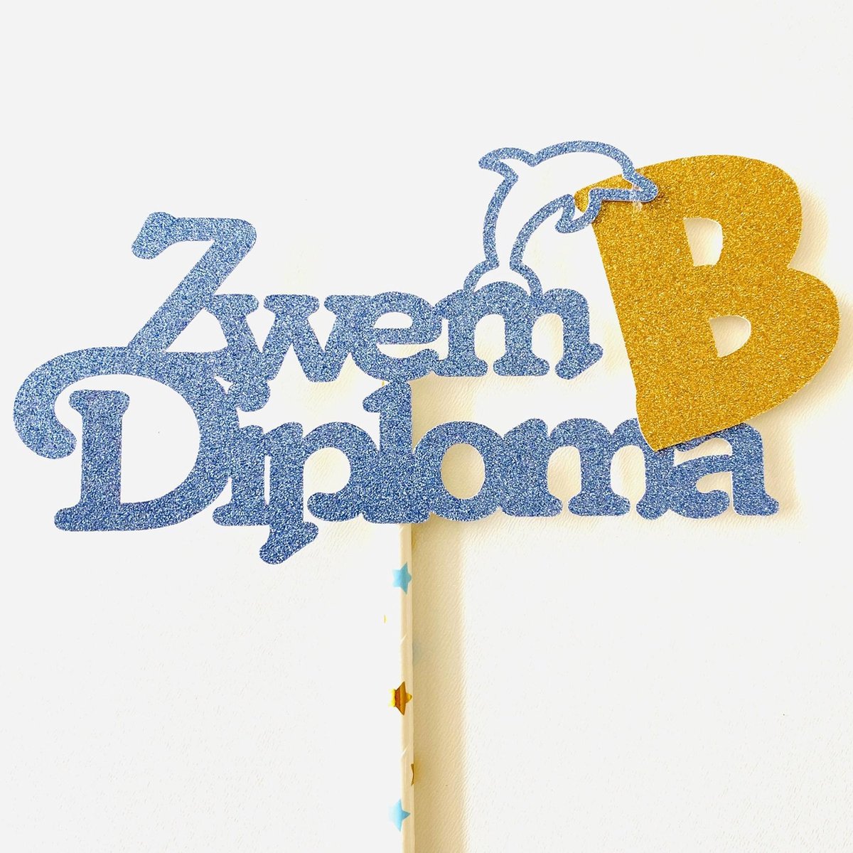 Taartdecoratie versiering| Taarttopper| Zwemdiploma B|Glitter blauw|14 cm breed|karton