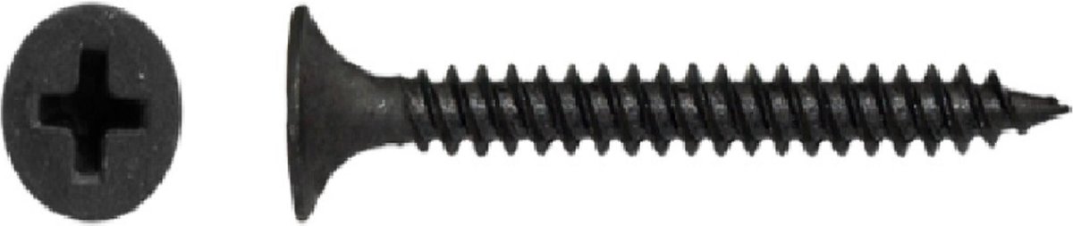 Gipsplaatschroeven, Fijne draad, 3,5 x 25 mm, Staal, PH2, Zwart, Gefosfateerd, Snelbouwschroef, 1000 stuks