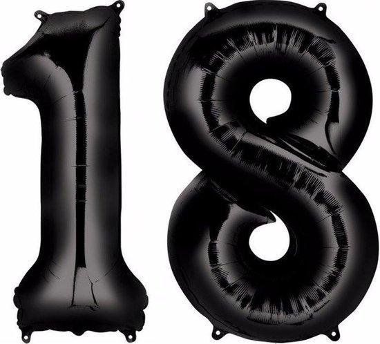 Folie ballon zwart XL cijfer 18  is + -  1 meter  groot inclusief een flamingo sleutelhanger