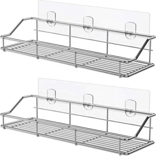 Orimade Douchekoffer, rek met 5 haken voor badkamer, toilet, keuken, specerijen, roestvrij staal, SUS304, zonder boren, 2 stuks (zwart