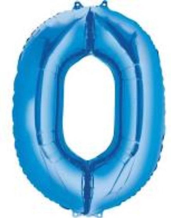 Folie ballon XL cijfer 0 blauw kleur is + - 1 meter groot  inclusief een flamingo sleutelhanger