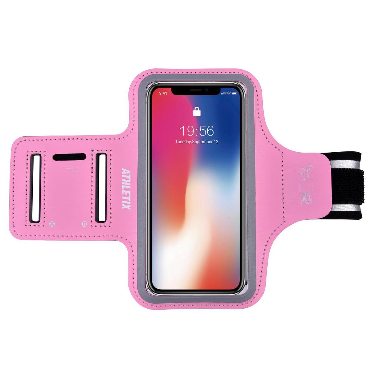 Roze Sportarmband - Universele Hardloop Armband - Smartphonehouder iPhone, Samsung & Huawei - Reflecterend, Spatwaterdicht, Sleutelhouder, Verstelbaar - Neopreen - Roze Athletix Sportarmband