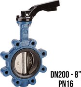 Manuele vlinderklep, LUG (getapte gaten), RVS (inox) klepblad DN200 PN16