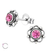 Joy|S - Zilveren Bali bloem oorbellen 7 mm Swarovski roze