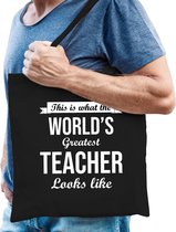 Worlds greatest TEACHER cadeau tasje zwart voor heren - verjaardag / kado tas / katoenen shopper voor leraar / meester / leerkacht